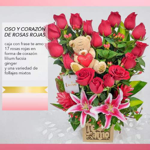 OSO Y CORAZÓN DE ROSAS ROJAS