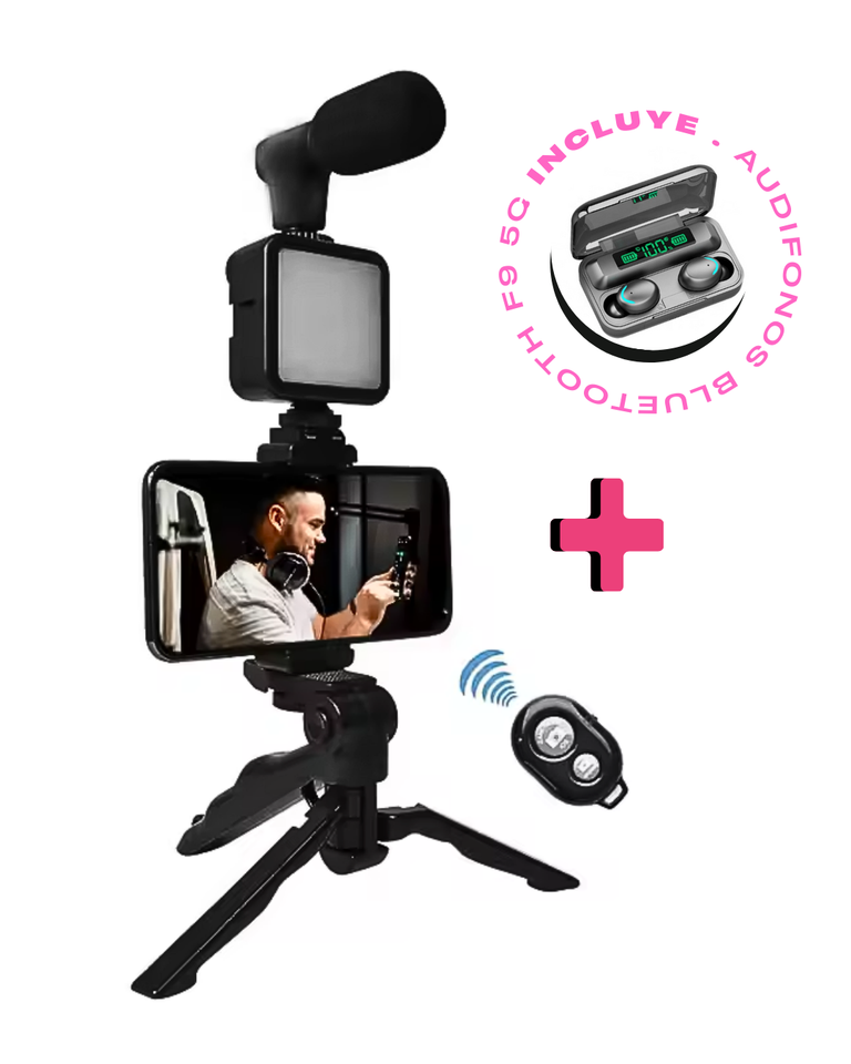 COMBO KIT TRIPODE CON MICROFONO + AUDIFONO  BLUETOOTH F9 5C